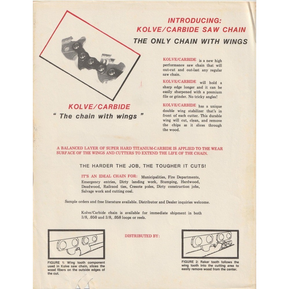 Vintage Kolve Carbide Saw Chain The Chain With Wings Promotional Flyer 8.5x11